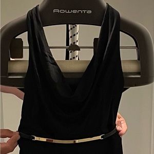 Halston Heritage; asymmetrical hem; draped back line; gold plated belt